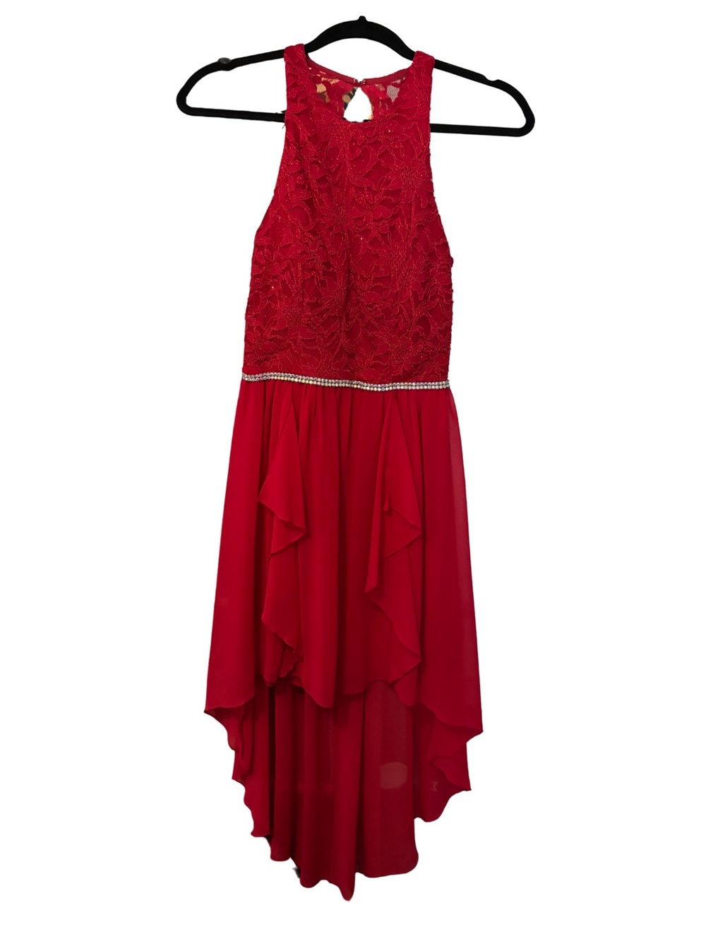 Red Teen Formal Lace High-Low Party Dress with Rhinestone Waist